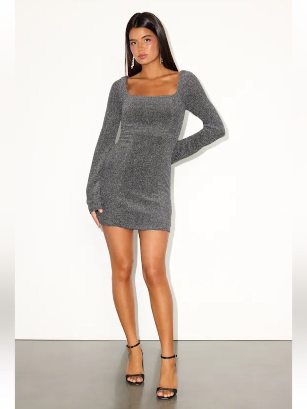 NWT Lulu’s Charcoal Grey Long Sleeved Sparkly Square Neck Dress
